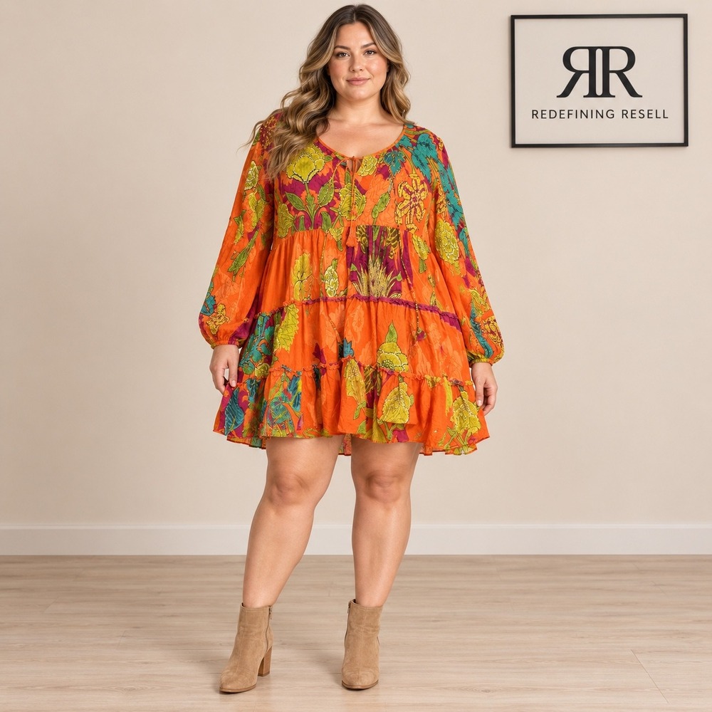Velzera Womens 2XL Orange Floral Tiered Mini Dress Beaded Split Neck Long Sleeve